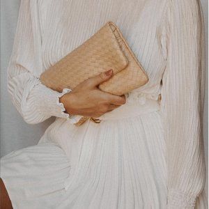 Milaner Julia Woven Leather Fold Over Clutch in Bone